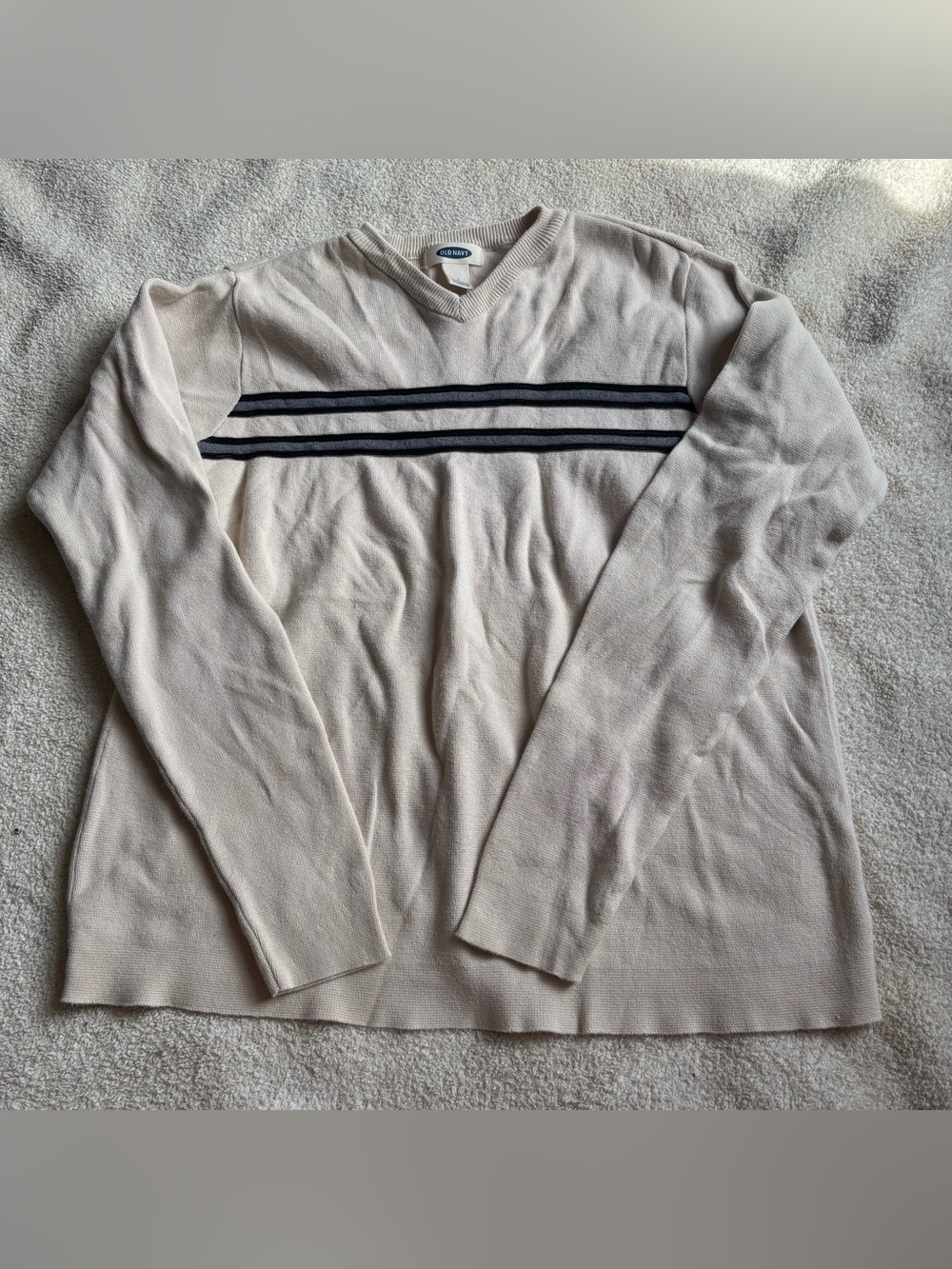 Old Navy Cream Long-Sleeve V-Neck Sweater with Navy Stripes